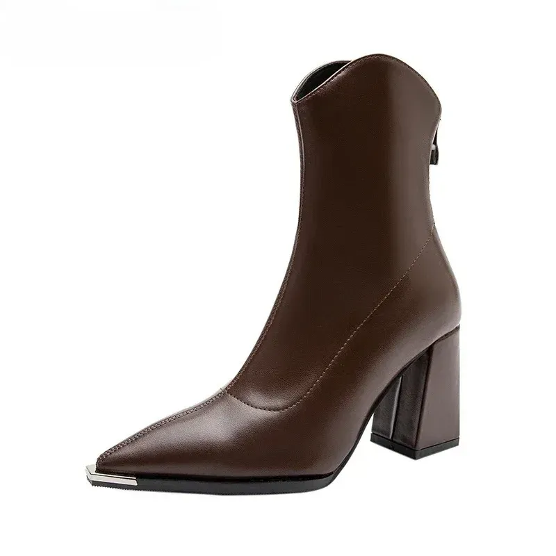 Elegant Women's Pointed Toe Ankle Boots - Fashion Square High Heel with Back Zipper, Chic Winter Footwear for Ladies - Image 6