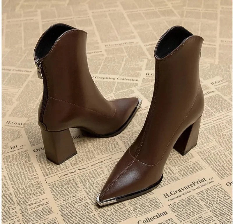 Elegant Women's Pointed Toe Ankle Boots - Fashion Square High Heel with Back Zipper, Chic Winter Footwear for Ladies showcase 13