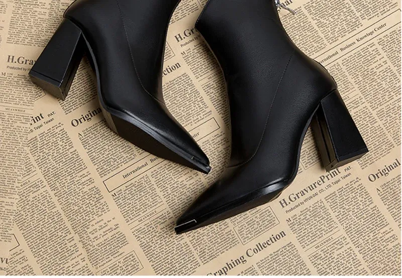 Elegant Women's Pointed Toe Ankle Boots - Fashion Square High Heel with Back Zipper, Chic Winter Footwear for Ladies showcase 7