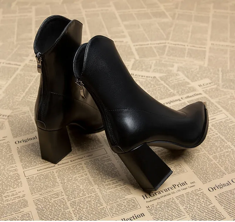 Elegant Women's Pointed Toe Ankle Boots - Fashion Square High Heel with Back Zipper, Chic Winter Footwear for Ladies showcase 4