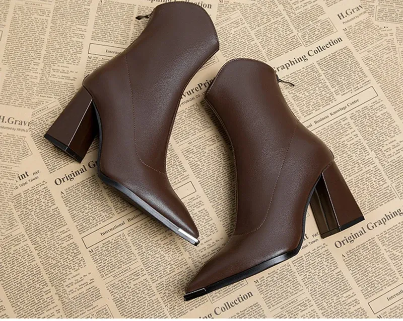 Elegant Women's Pointed Toe Ankle Boots - Fashion Square High Heel with Back Zipper, Chic Winter Footwear for Ladies showcase 12