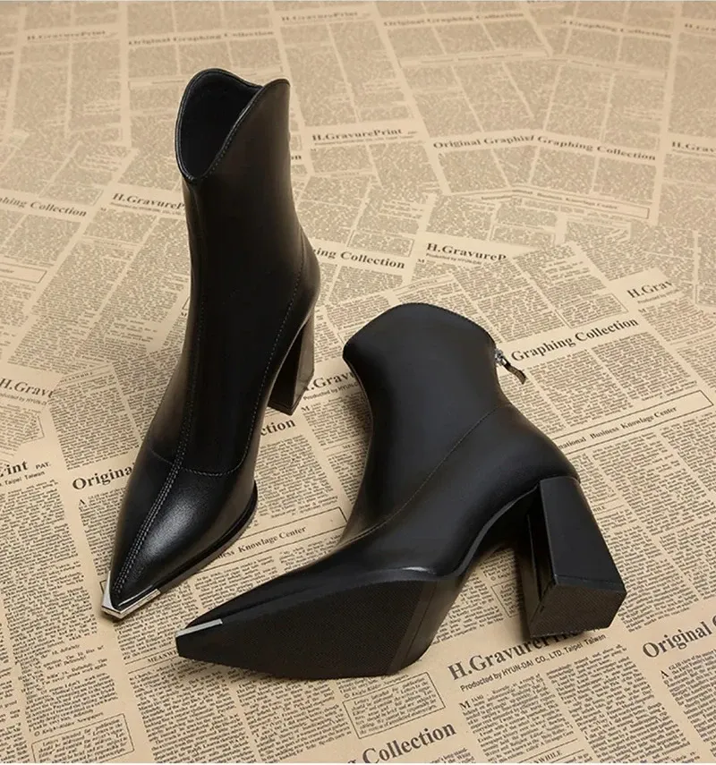 Elegant Women's Pointed Toe Ankle Boots - Fashion Square High Heel with Back Zipper, Chic Winter Footwear for Ladies showcase 3