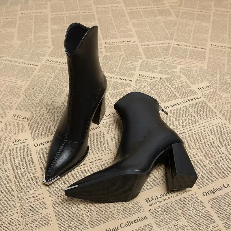 Elegant Women's Pointed Toe Ankle Boots - Fashion Square High Heel with Back Zipper, Chic Winter Footwear for Ladies - Image 3