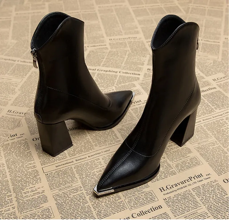 Elegant Women's Pointed Toe Ankle Boots - Fashion Square High Heel with Back Zipper, Chic Winter Footwear for Ladies showcase 2