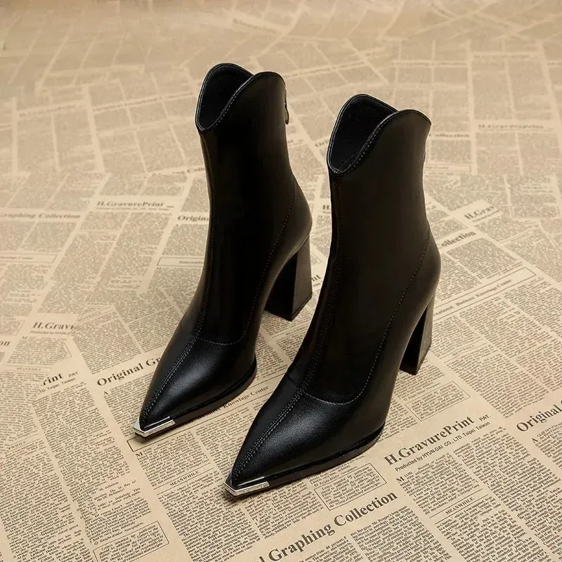 Elegant Women's Pointed Toe Ankle Boots - Fashion Square High Heel with Back Zipper, Chic Winter Footwear for Ladies - Image 2