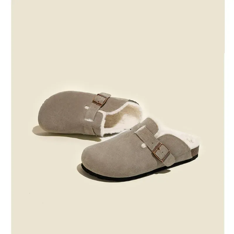 Women's Cozy Winter Fur Boston Clogs - Fashionable Cork Insole Plush Slippers with Arch Support, Warm Suede Mules for Home & Casual Wear - Image 5