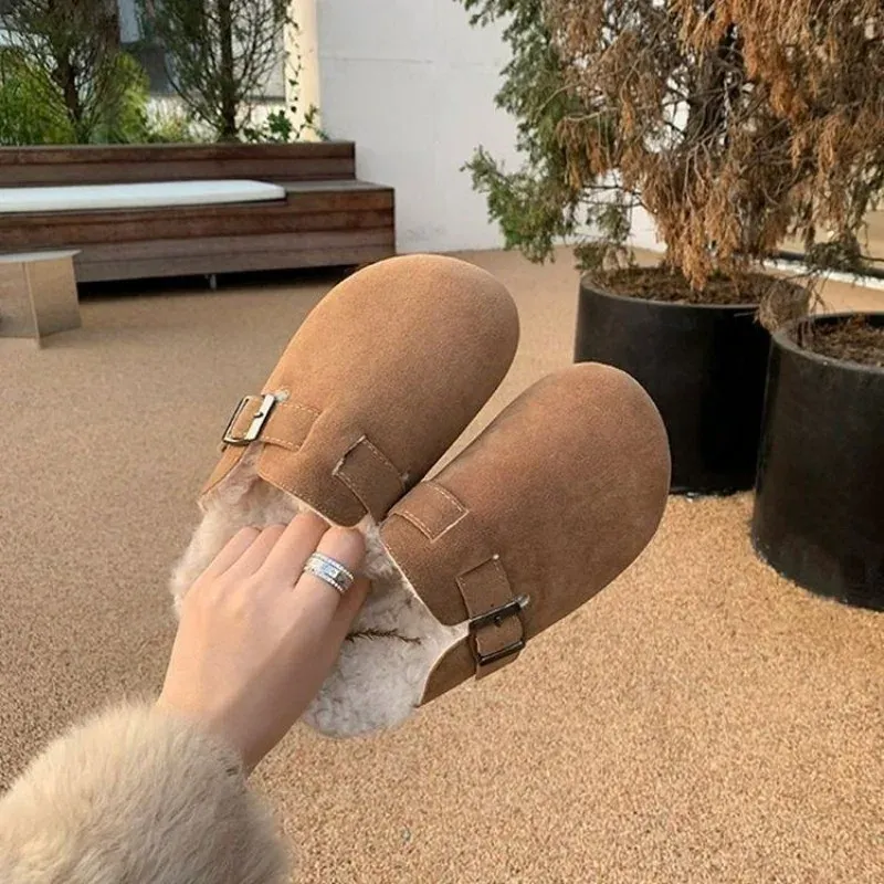 Women's Cozy Winter Fur Boston Clogs - Fashionable Cork Insole Plush Slippers with Arch Support, Warm Suede Mules for Home & Casual Wear - Image 4