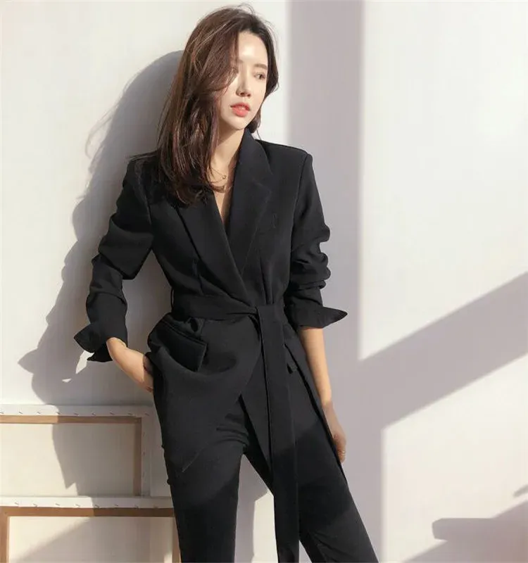 Women's Pink Korean Style Blazer Jacket - Medium Length, British Casual Personality, Spring/Autumn Fashion with Belt Detail showcase 1
