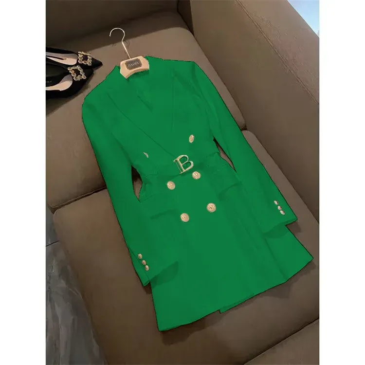 Elegant Women's Double Breasted Long Coat - British Style Suit Collar Windbreaker for Spring Commuting, Polyester, 50-65cm Length showcase 16