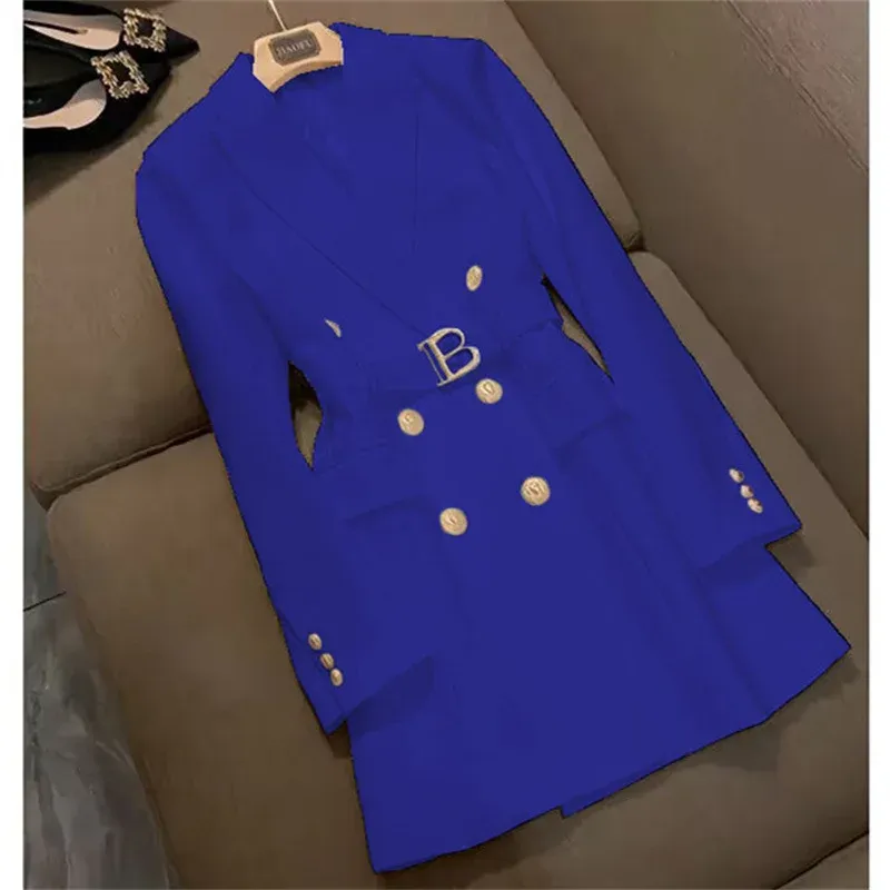 Elegant Women's Double Breasted Long Coat - British Style Suit Collar Windbreaker for Spring Commuting, Polyester, 50-65cm Length thumbnail 2