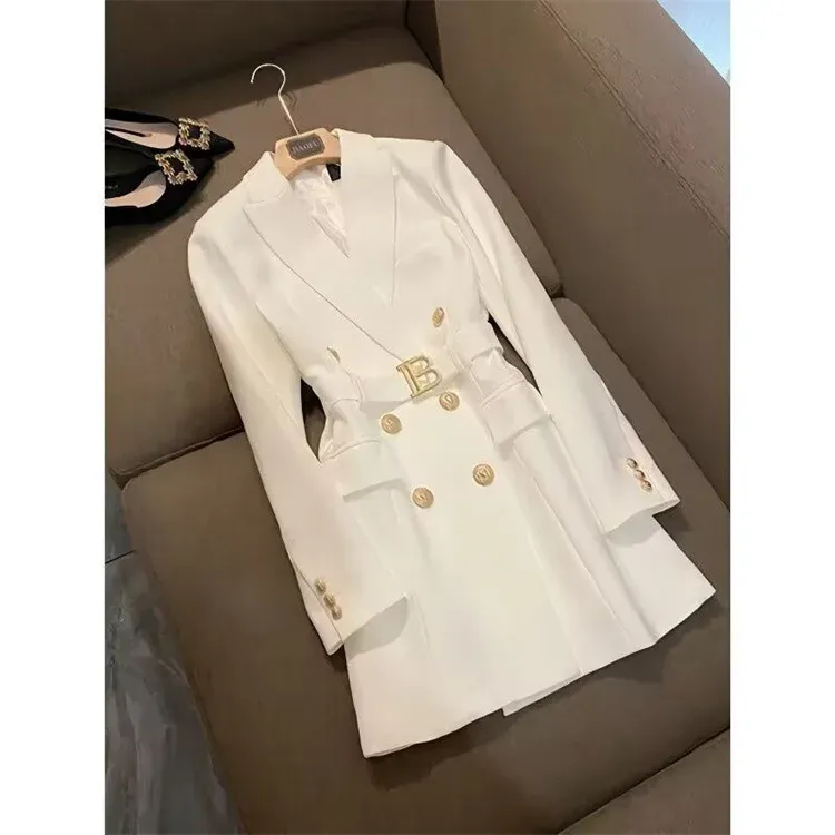 Elegant Women's Double Breasted Long Coat - British Style Suit Collar Windbreaker for Spring Commuting, Polyester, 50-65cm Length showcase 1