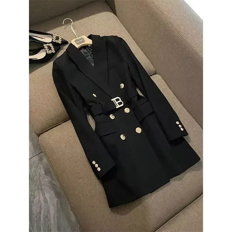 Elegant Women's Double Breasted Long Coat - British Style Suit Collar Windbreaker for Spring Commuting, Polyester, 50-65cm Length showcase 6