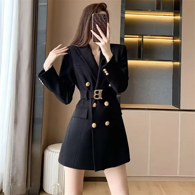 Korean Style Slimming Women's Double-Breasted Blazer Jacket - Polyester Casual Slim Fit Waist-Cinched Spring Autumn Outerwear showcase 1