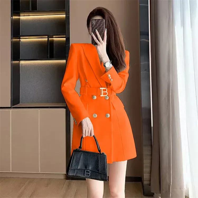 Korean Style Slimming Women's Double-Breasted Blazer Jacket - Polyester Casual Slim Fit Waist-Cinched Spring Autumn Outerwear showcase 15