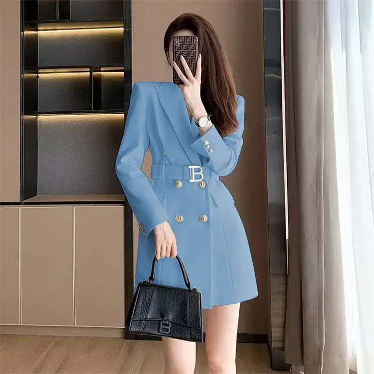 Korean Style Slimming Women's Double-Breasted Blazer Jacket - Polyester Casual Slim Fit Waist-Cinched Spring Autumn Outerwear showcase 13