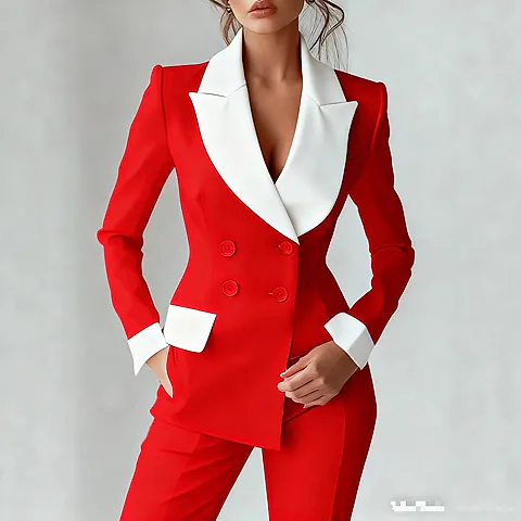 Women's Patchwork Long Sleeve Suit Jacket Set - Autumn/Winter Polyester Blend, Comfortable Casual Commute Style, Double-Breasted, Color Block, Petal Sleeves