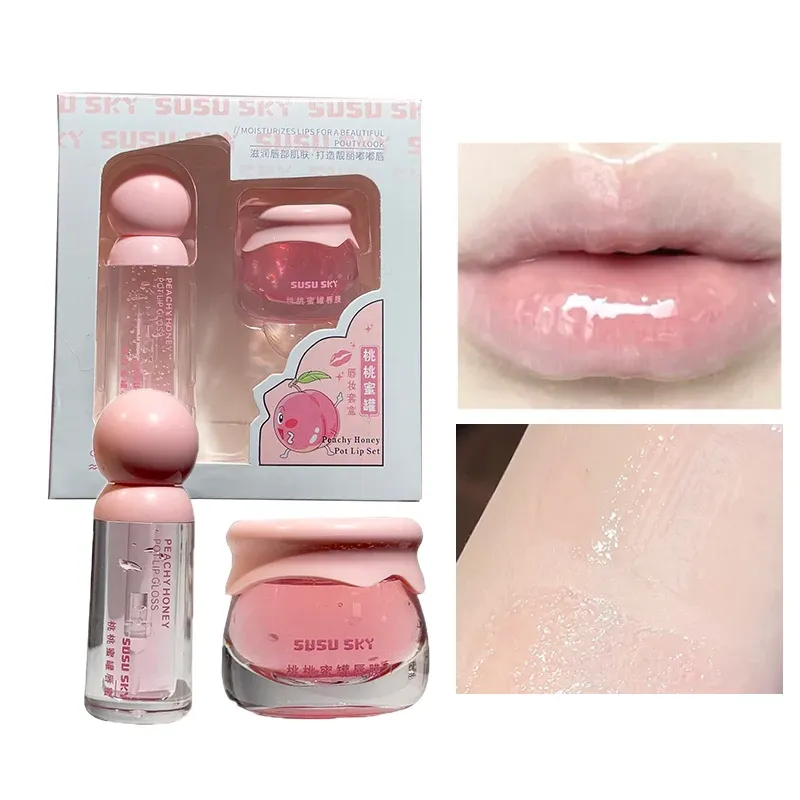 SUSU SKY Peach Honey Jar Lip Makeup Kit - Moisturizing & Nourishing Lip Care Set for Soft, Hydrated Lips