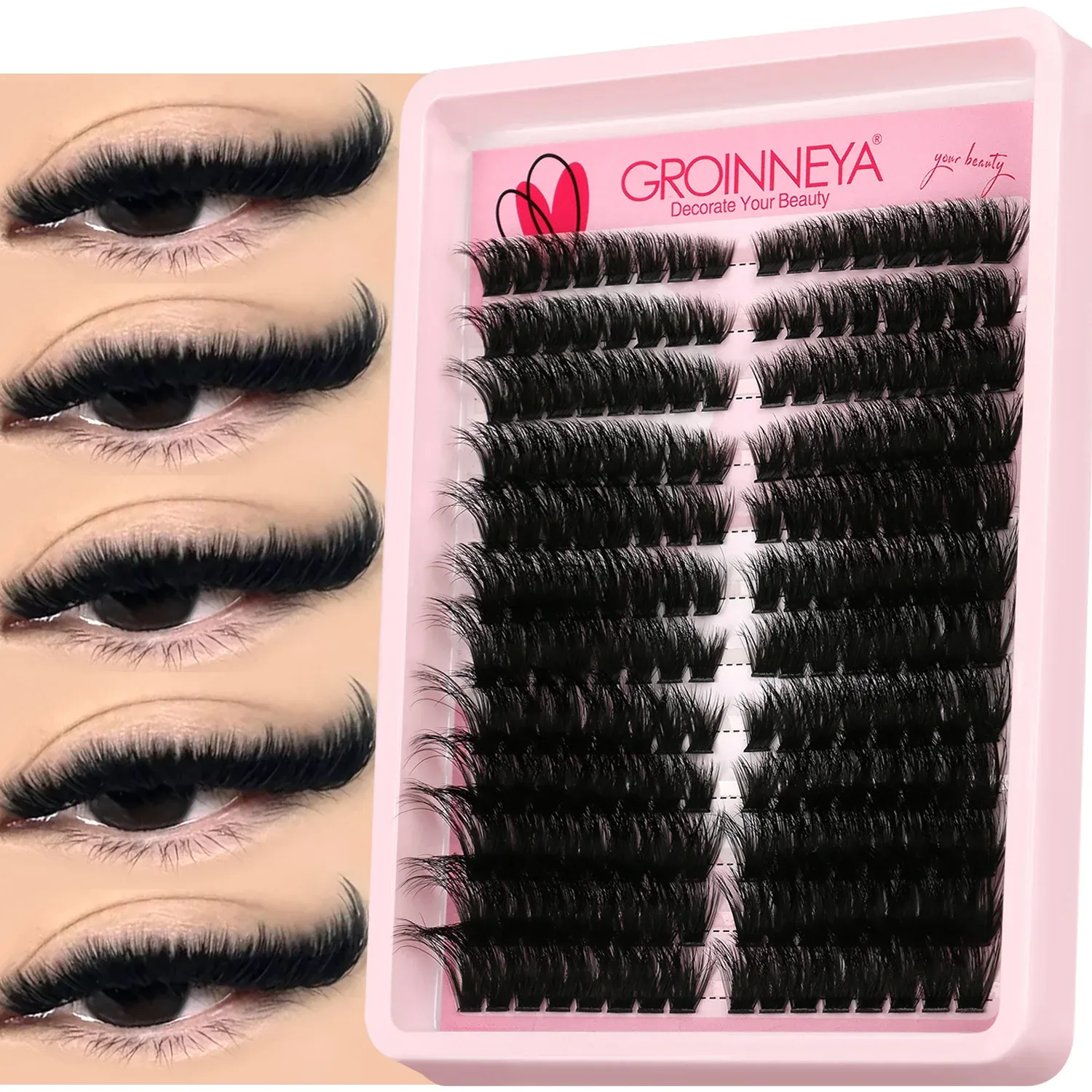 GROINNEYA 3D Wispy Cat Eyelash Clusters - DIY Individual Volume Fluffy Extensions, Natural Look, 9 Lengths (7-15mm), Comfortable Cotton Band, Long-Lasting Imported Fiber for All Occasions