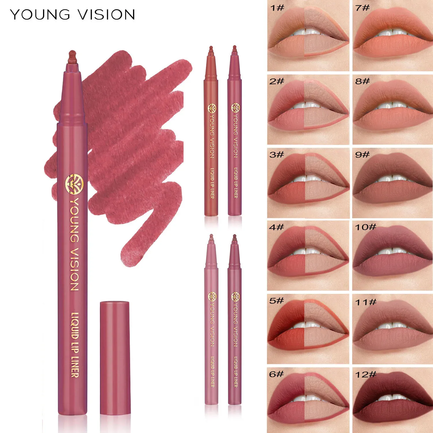 12 Color Matte Liquid Lipliner Set - Waterproof Fog Surface Lip Glaze with Sponge Gourd Head Applicator for Natural Red Tones