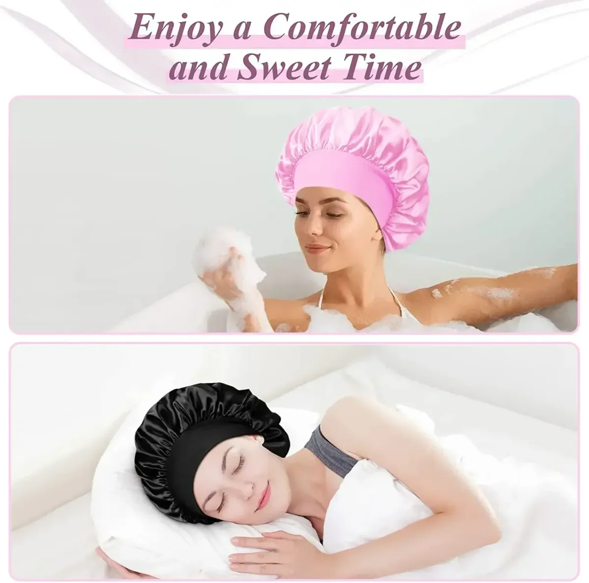 Large Satin Lined Bonnet for Long Hair - Soft Silk Sleep Cap for Women, Breathable, Comfortable Fit, Prevents Hair Breakage, Ideal for Sleeping, Showering, Makeup showcase 3