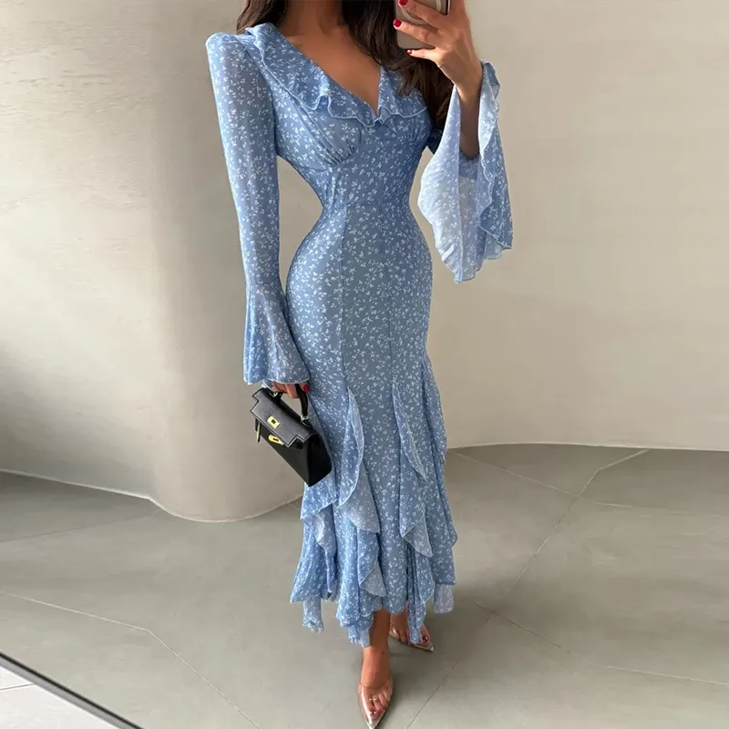 Chic Printed V-Neck Ruffle Bell Sleeve Maxi Dress for Women - Elegant Slim Fit Summer Vacation Robe showcase 7