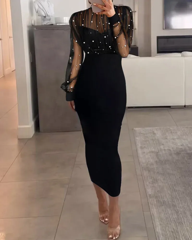 Women's Elegant Mesh Pearl Spliced Long Sleeve Slim Fit Wrap Hip Evening Dress - Sexy Y2k High Waist Sheath Vestidos for Parties & Special Occasions thumbnail 4