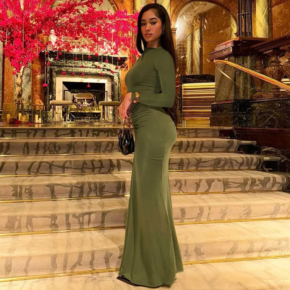 Hugcitar Women's Autumn Solid Long Sleeve Draped Bodycon Maxi Dress - Sexy Y2K Fashion for Evening Party, Festival, Club Outfits showcase 18