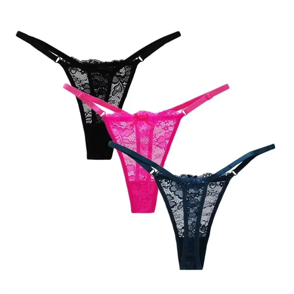 3PCS Women's Sexy Lace Thong Panties - Adjustable Low Waist Transparent T-back Underwear for Ladies