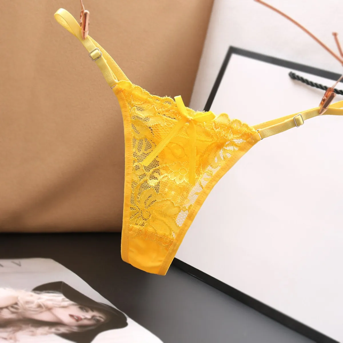 Women's Sexy Lace Thong Panties - Transparent Breathable Low Waist Briefs with Bowknot Detail, Ideal for Casual & Clubwear showcase 9