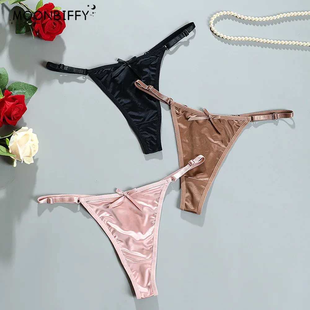 Women's Seamless Satin G-String Thong Panties with Adjustable Bow Detail - Low Rise, Comfortable Briefs for Everyday Wear