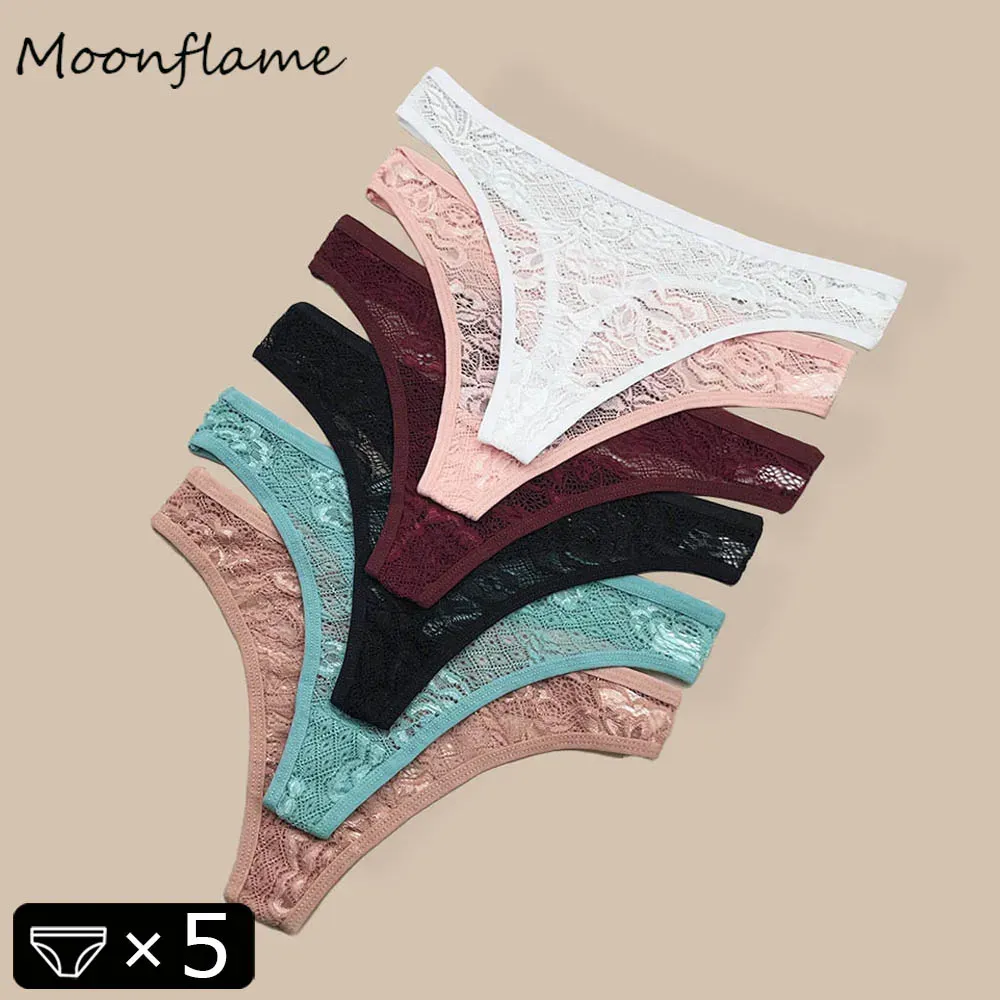 5Pcs Lace Thongs for Women - Transparent T-Back G-String Lingerie Set, Breathable Cotton Blend, Assorted Colors for Ladies & Girls