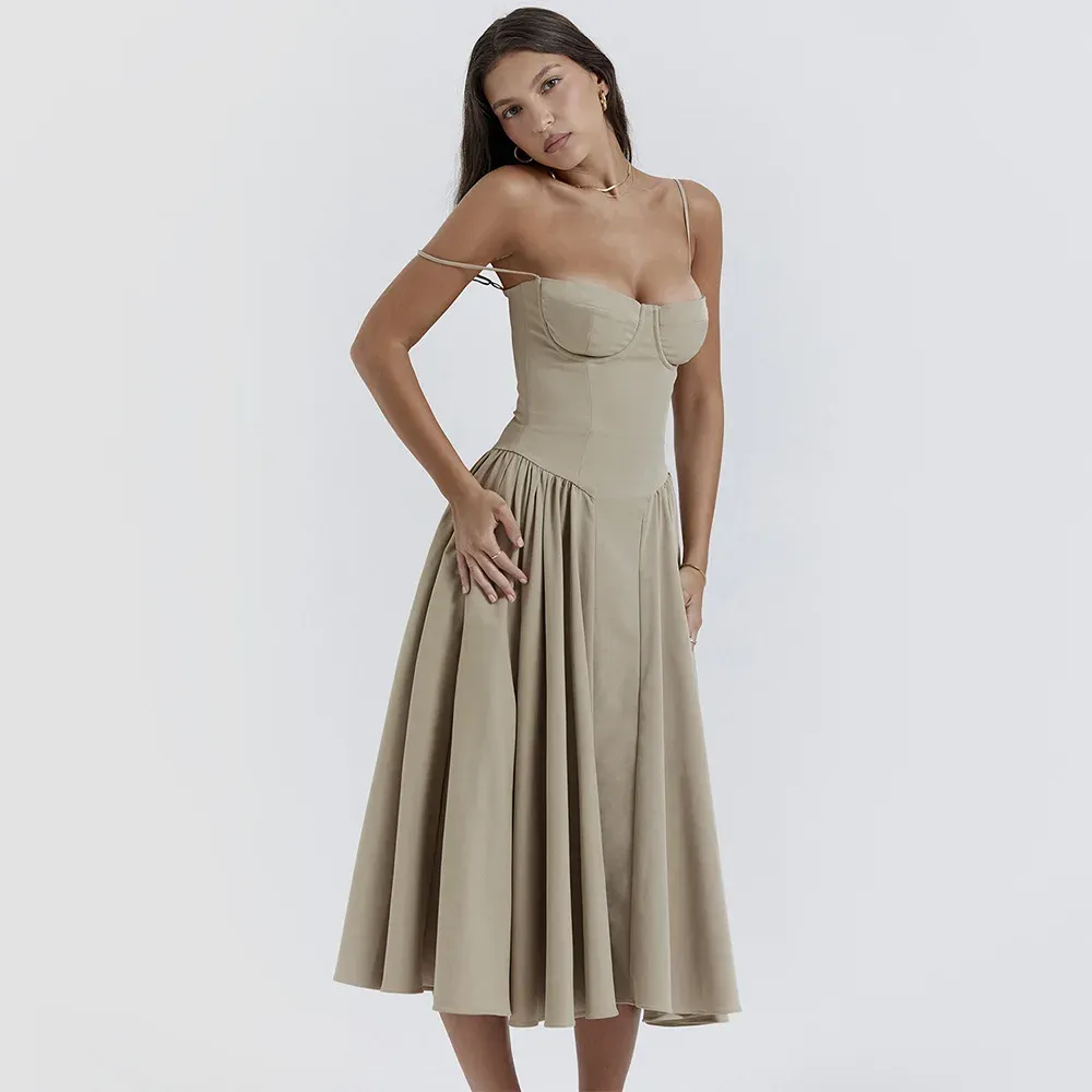 Elegant Summer Women's Sleeveless Backless Pleated Midi Dress - Sexy Solid Sling A-line Party Evening Robe for Ladies showcase 13