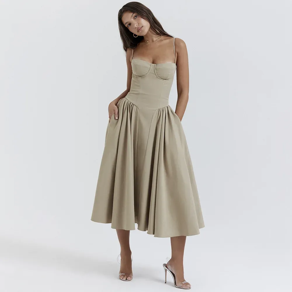 Elegant Summer Women's Sleeveless Backless Pleated Midi Dress - Sexy Solid Sling A-line Party Evening Robe for Ladies showcase 11