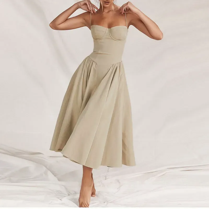 Elegant Summer Women's Sleeveless Backless Pleated Midi Dress - Sexy Solid Sling A-line Party Evening Robe for Ladies - Image 3