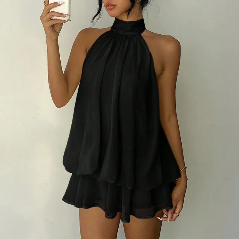 French Style Solid Color Halter Neck Mini Dress for Women - Sleeveless, Off-Shoulder, Backless A-Line Design for Beach Vacation & Parties showcase 12