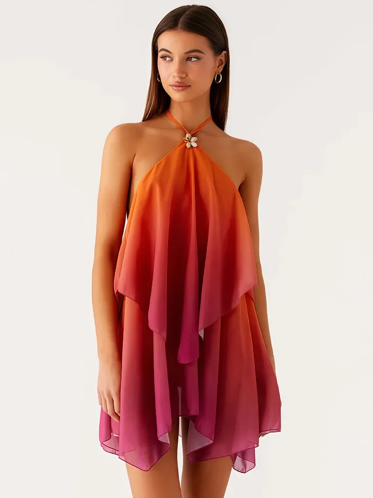 Mozision Women's Gradient Halter Backless Mini Dress - Sexy Mesh Zipper Off-Shoulder Sleeveless Club Party Gown - Image 1
