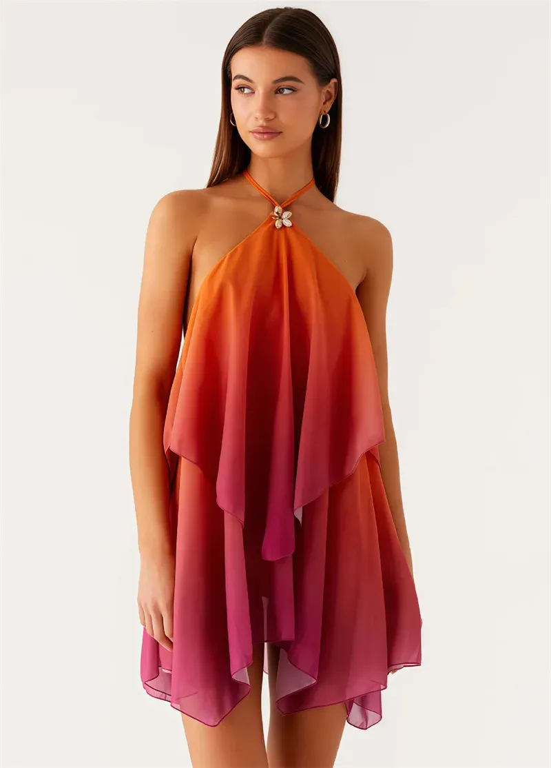 Mozision Women's Gradient Halter Backless Mini Dress - Sexy Mesh Zipper Off-Shoulder Sleeveless Club Party Gown showcase 8