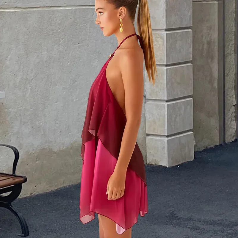 Mozision Women's Gradient Halter Backless Mini Dress - Sexy Mesh Zipper Off-Shoulder Sleeveless Club Party Gown showcase 14