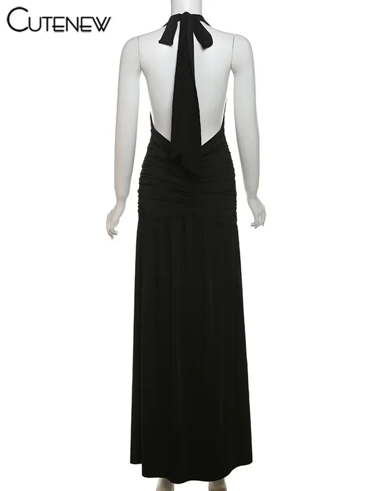 Nibber Elegant Women's Long Dress Solid Color Halter V-Neck Backless Shirring Side Split Vestidos Female High Street New Robe for Parties and Evening Events showcase 4