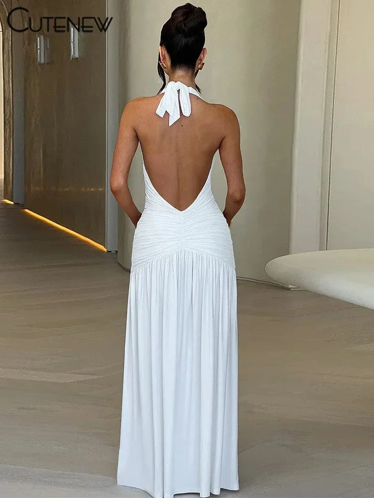 Nibber Elegant Women's Long Dress Solid Color Halter V-Neck Backless Shirring Side Split Vestidos Female High Street New Robe for Parties and Evening Events showcase 19