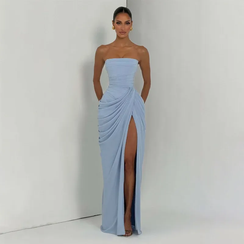 Women's Sexy Solid Pleated Strapless Off-Shoulder Backless High Waist Split Evening Party Gown Dress showcase 14