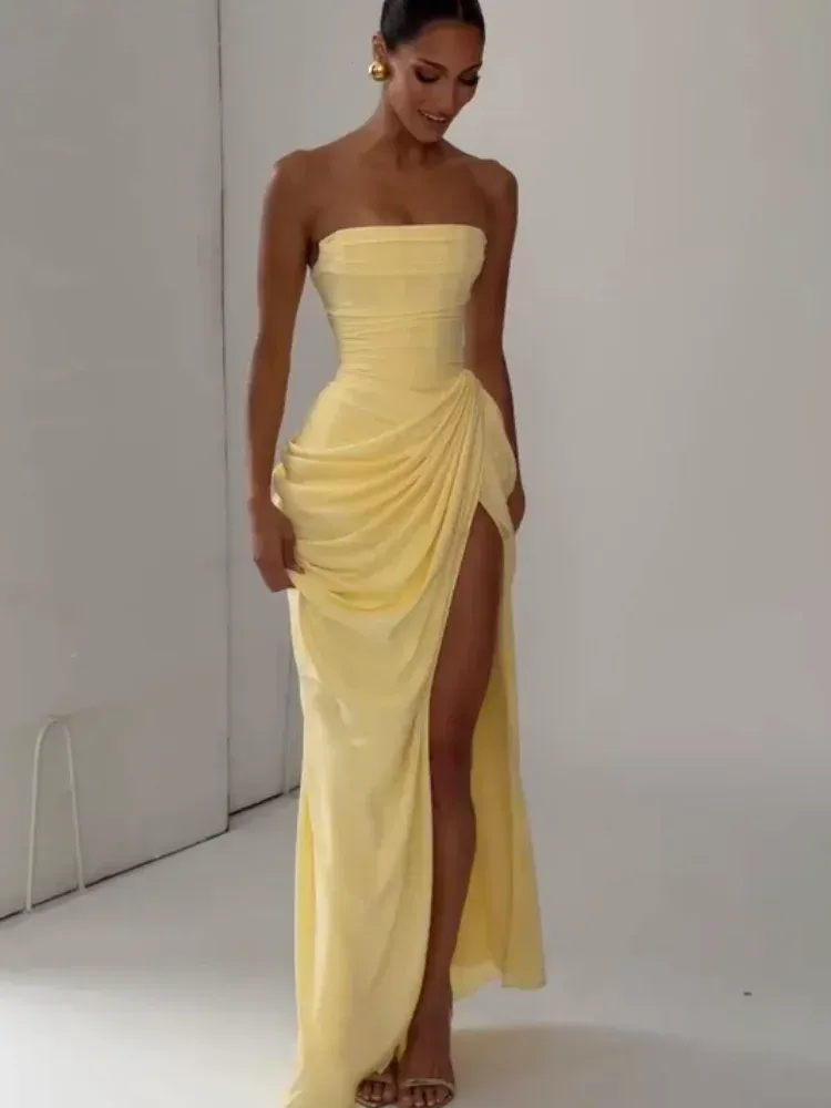 Women's Sexy Solid Pleated Strapless Off-Shoulder Backless High Waist Split Evening Party Gown Dress thumbnail 3