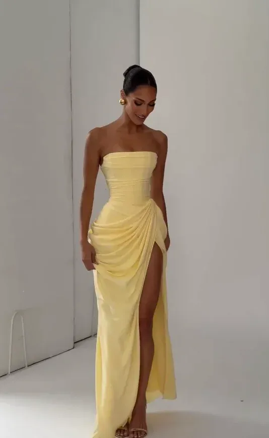 Women's Sexy Solid Pleated Strapless Off-Shoulder Backless High Waist Split Evening Party Gown Dress showcase 5