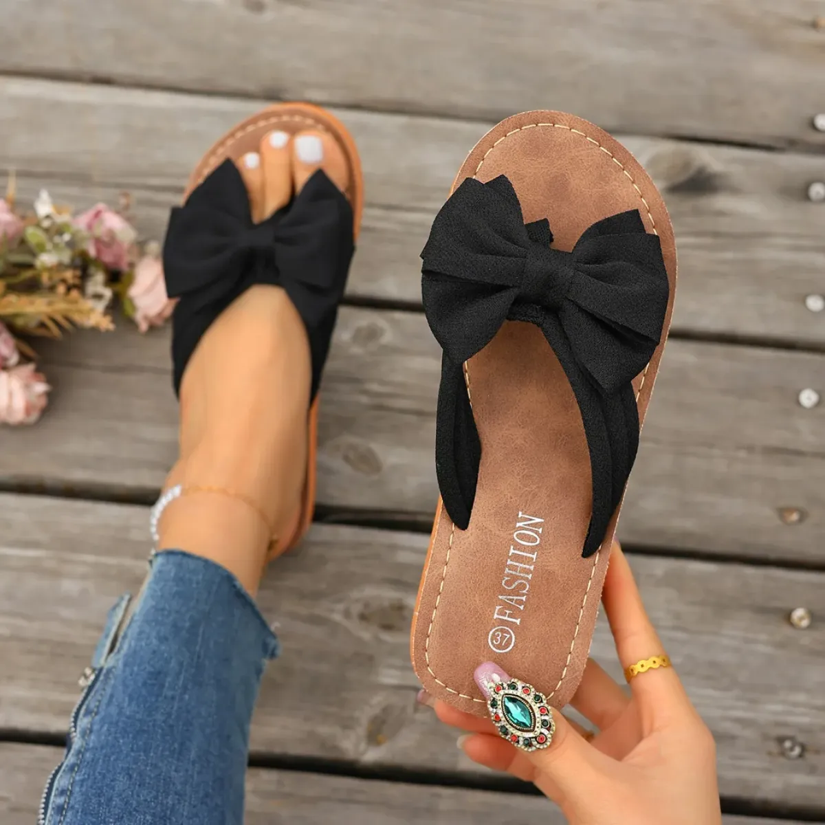 Summer Women's Fashion Bow Sandals Slides - Comfortable Flat Shoes for Casual Wear & Beach - Plus Size Available showcase 6