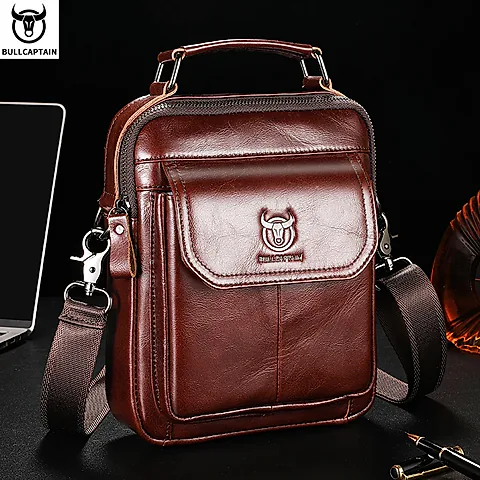 BULLCAPTAIN Men's Genuine Leather Shoulder Bag, Retro Casual Crossbody Messenger Bag, Multifunctional 7.9-inch Tablet Handbag, Durable Cowhide for Daily Use