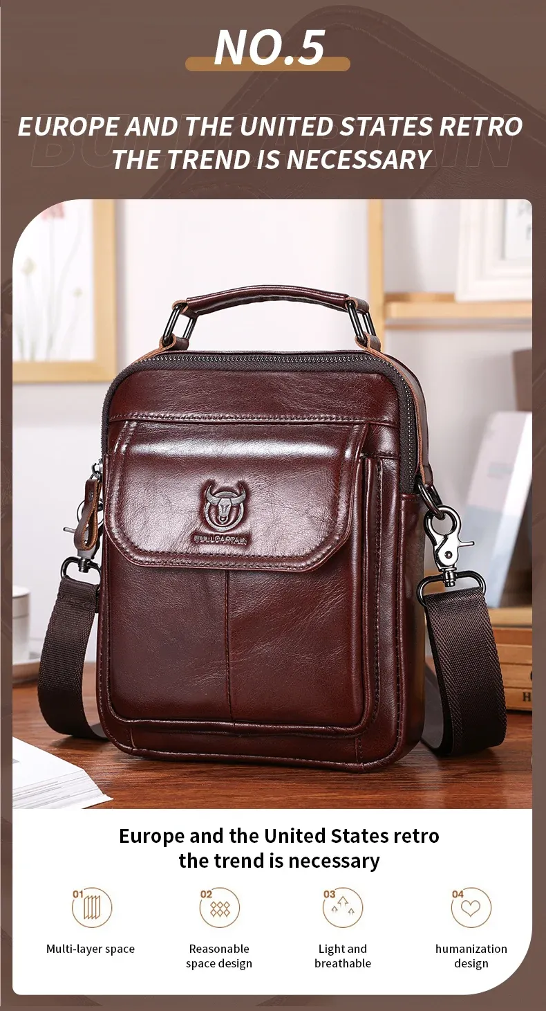BULLCAPTAIN Men's Genuine Leather Shoulder Bag, Retro Casual Crossbody Messenger Bag, Multifunctional 7.9-inch Tablet Handbag, Durable Cowhide for Daily Use showcase 7