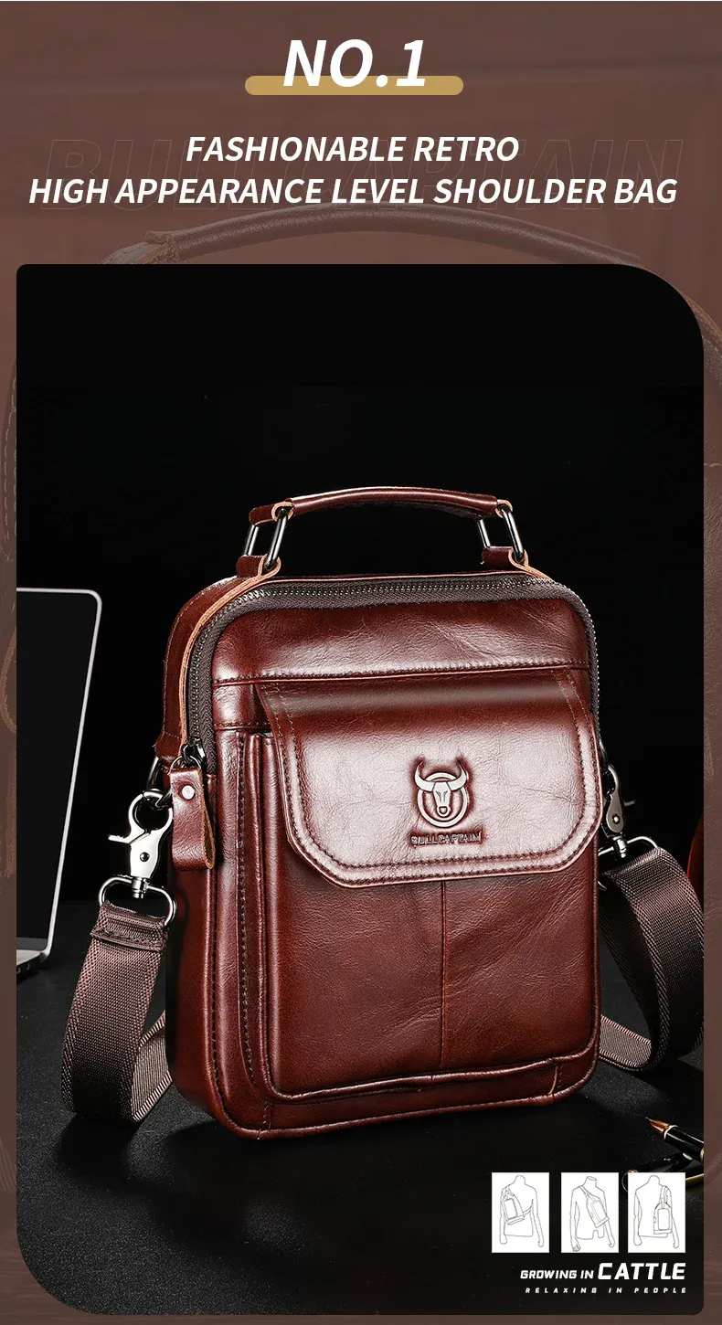 BULLCAPTAIN Men's Genuine Leather Shoulder Bag, Retro Casual Crossbody Messenger Bag, Multifunctional 7.9-inch Tablet Handbag, Durable Cowhide for Daily Use showcase 3