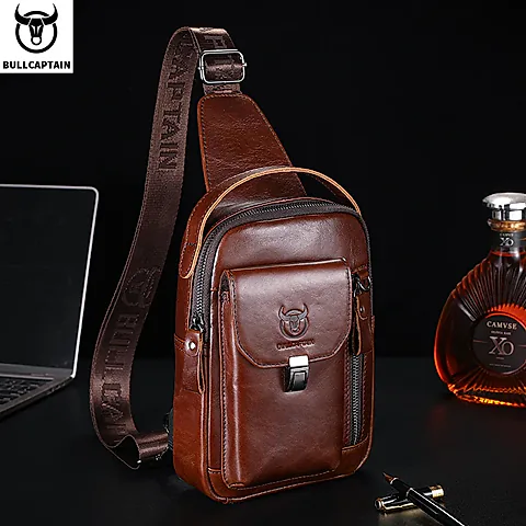 BULLCAPTAIN Men's Genuine Leather Chest Bag - Casual Retro Crossbody Sling Pack for 7.9" Phone, Anti-Theft Design, Ideal for Travel and Daily Use