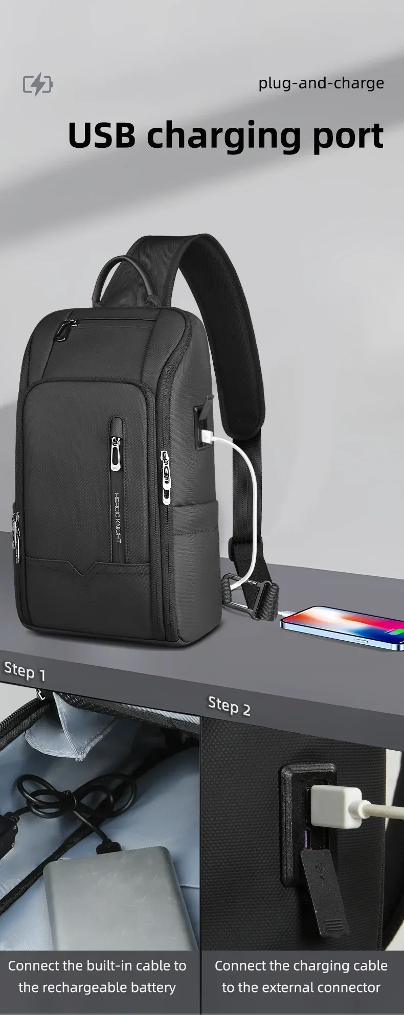 HcanKcan Men's Fashion Crossbody Bag - Waterproof USB Shoulder Sling Chest Pack for Travel & Sport, Fits 9.7" iPad showcase 12
