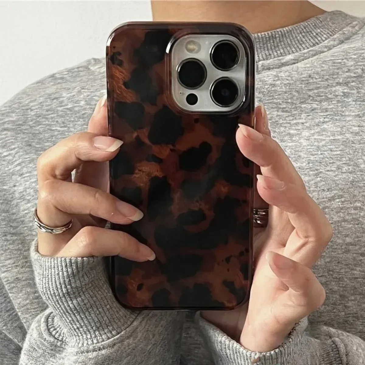 Retro Amber Texture Laser Phone Case for iPhone 17 16 15 14 13 12 11 Pro Max XS XR 7 8 Plus, Stylish Leopard Print Soft Protective Cover